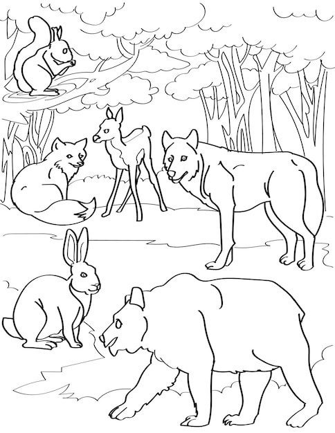 Diferentes criaturas del bosque ciervo zorro lobo oso conejo con fondo de árbol dibujo lineal múltiple
