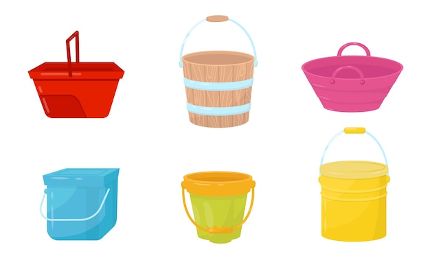 Diferentes cubos y útiles en contenedores domésticos Conjunto ilustrado vectorial de cubos hechos de varios materiales Conceptos