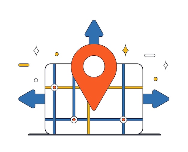 Vector diferentes direcciones con etiquetas e icono de ubicación con flechas en diferentes direcciones