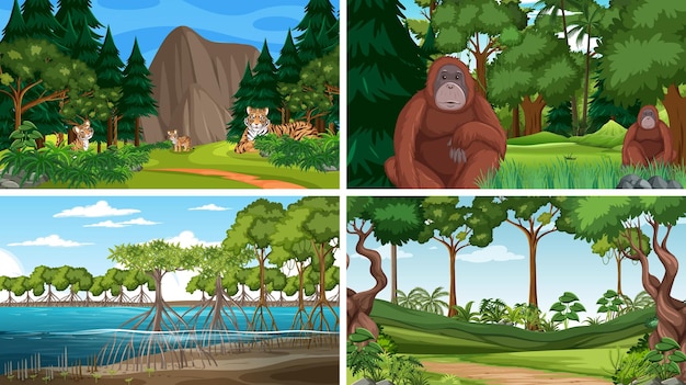 Diferentes escenas de bosque con animales salvajes.