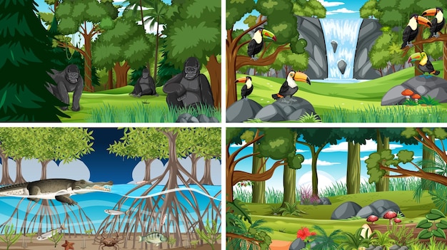 Vector diferentes escenas de bosque con animales salvajes.