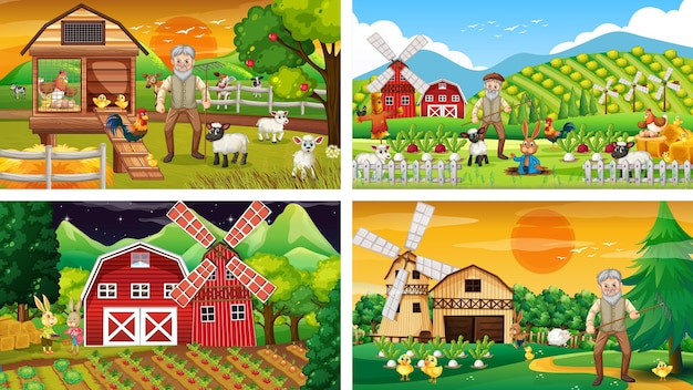 Diferentes escenas de la granja con un viejo granjero y un personaje de dibujos animados de animales.