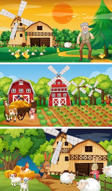 Diferentes escenas de la granja con un viejo granjero y un personaje de dibujos animados de animales.