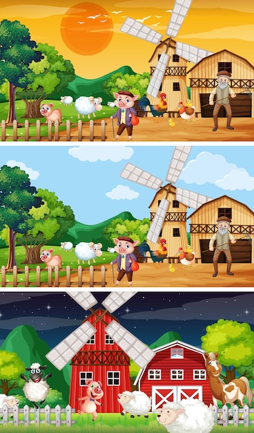 Diferentes escenas de la granja con un viejo granjero y un personaje de dibujos animados de animales.