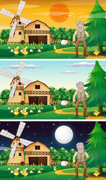 Diferentes escenas de la granja con un viejo granjero y un personaje de dibujos animados de animales.