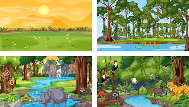 Diferentes escenas de la naturaleza del bosque y la selva tropical con animales salvajes.
