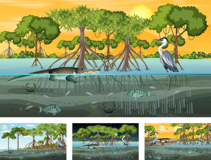 Vector diferentes escenas de paisaje de bosque de manglar con animales.