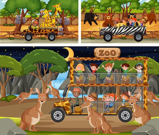 Diferentes escenas de safari con animales y personajes de dibujos animados para niños.