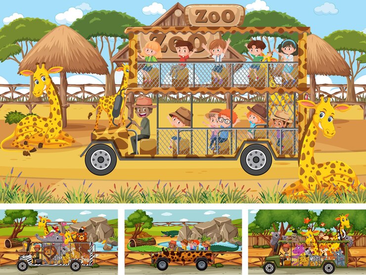 Vector diferentes escenas de safari con animales y personajes de dibujos animados para niños.