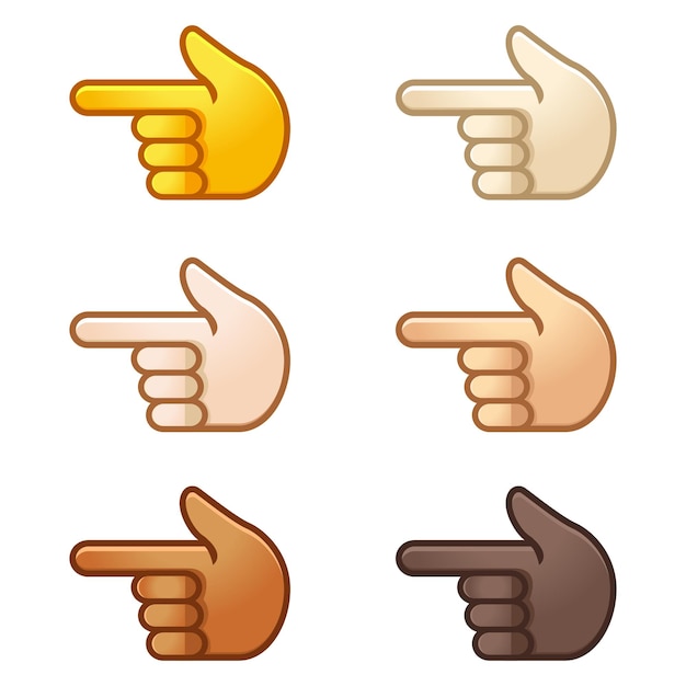 Diferentes estados de ánimo emoji Emocional dedo índice apuntando a la izquierda emoji conjunto de mano de varios tonos de piel dibujos animados lindos iconos de ilustración de dibujos animados vectoriales estilizados Aislados en fondo blanco