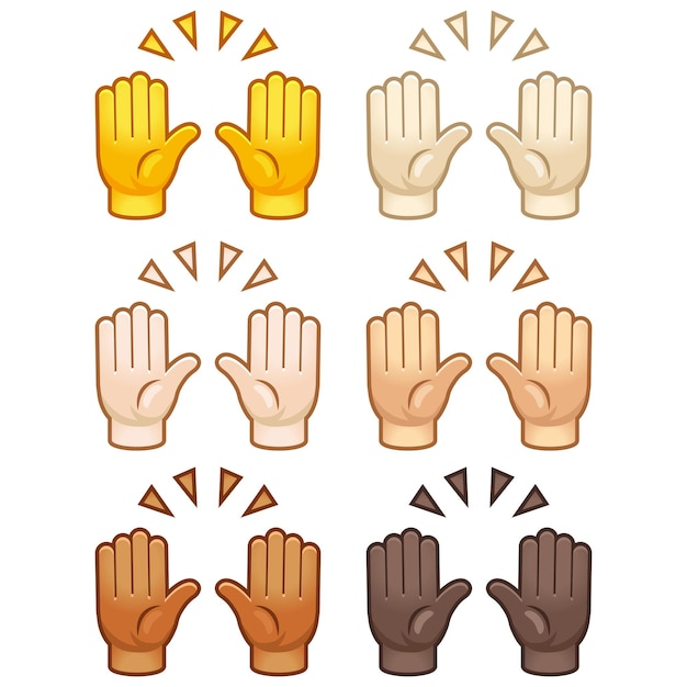Diferentes estados de ánimo emoji Emocional manos arriba hola hola emoji juego de manos de varios tonos de piel dibujos animados lindos iconos de ilustración de dibujos animados vectoriales estilizados aislados en fondo blanco