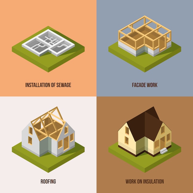 Vector diferentes etapas de construcción. imágenes vectoriales isométricas