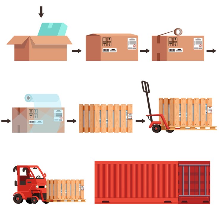Vector diferentes etapas del envío de la mercancía desde el paquete hasta el transporte en el contenedor. transporte de caja de cartón.