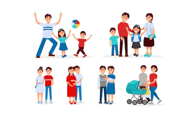 Diferentes etapas de hombre y mujer convirtiéndose en padres conjunto de ilustraciones vectoriales