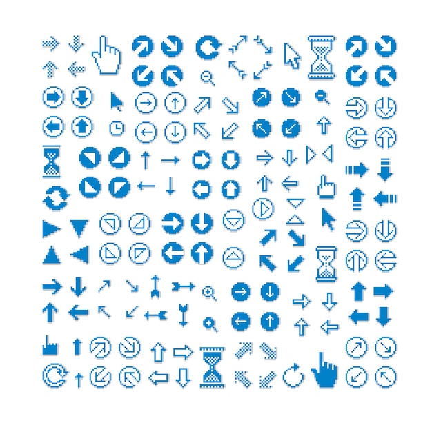 Diferentes flechas vectoriales, iconos de píxeles aislados, colección de elementos gráficos de 8 bits. Señales de dirección digitales simplistas, iconos web.
