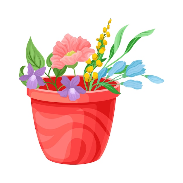 Vector diferentes flores y ramas colocadas en una olla aisladas en una ilustración vectorial de fondo blanco