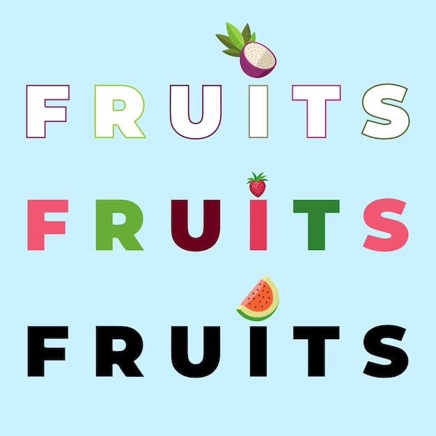 diferentes frutas tipografía de texto ilustración vectorial para su diseño