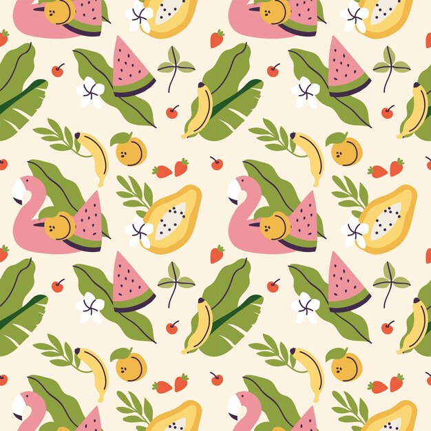 Diferentes frutas tropicales y cinturón de flamencos de patrones sin fisuras