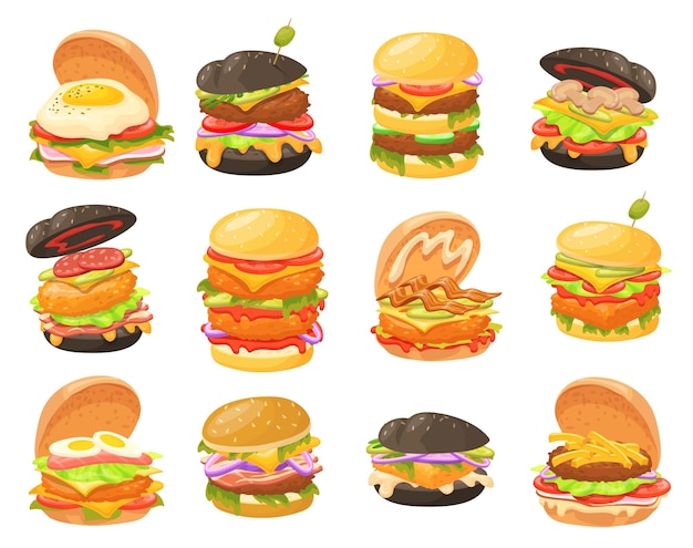 Diferentes hamburguesas Hamburguesa pequeña y grande con ensaladas de verduras vegetales o chuletas de carne hamburguesa hamburguesa sándwich de pan americano comida rápida ilustración vectorial limpia
