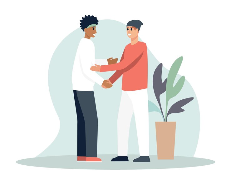 Vector diferentes hombres sonrientes que se sienten felices cuando se encuentran con amigos que pasan tiempo juntos comunicación y comportamiento humanos relaciones de vinculación entre personas vector