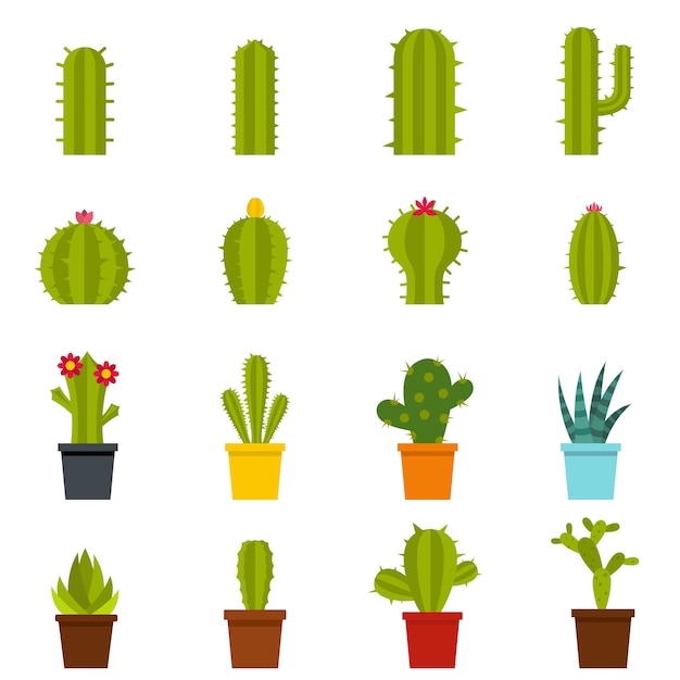 Diferentes iconos de cactus en estilo plano