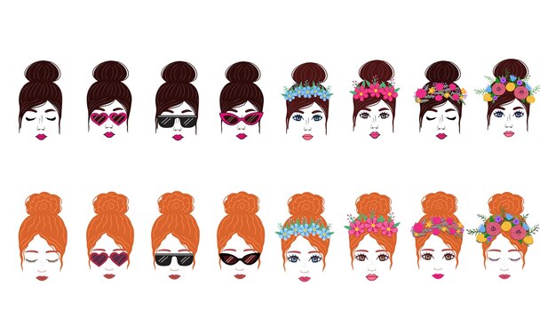 Vector diferentes imágenes de niñas con bollos de cabello ilustración dibujada a mano