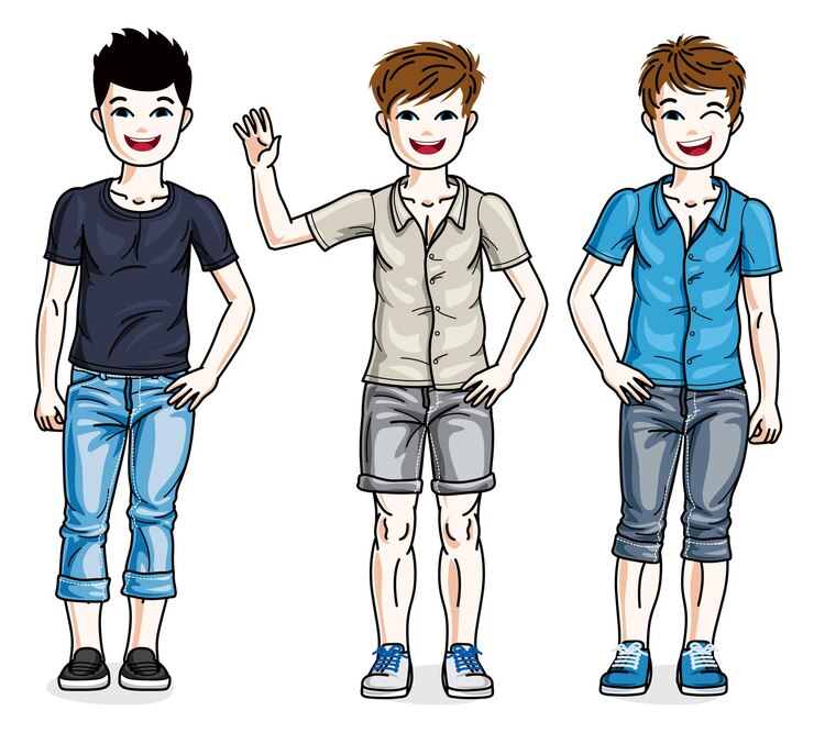 Vector diferentes jóvenes adolescentes lindos niños de pie en ropa informal con estilo. conjunto vectorial de hermosas ilustraciones para niños.