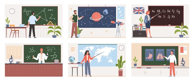 Diferentes maestros de escuela profesores profesionales personajes físico y biólogo geógrafo y astrónomo enseñan lecciones matemáticas y idiomas hoy en día set plano de dibujos animados vectoriales.