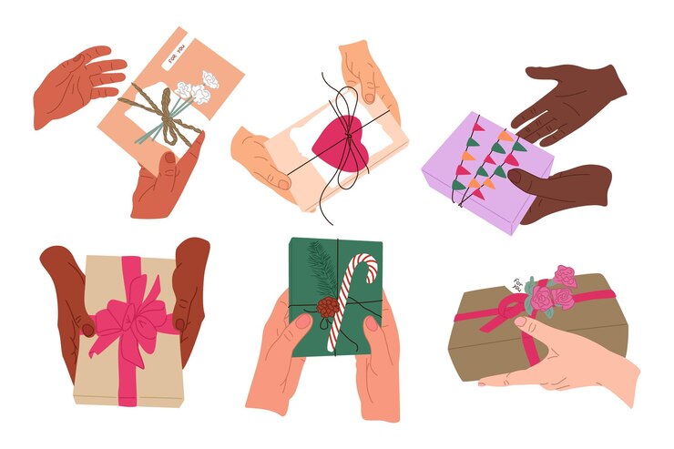 Vector diferentes manos humanas con cajas de regalos envueltas