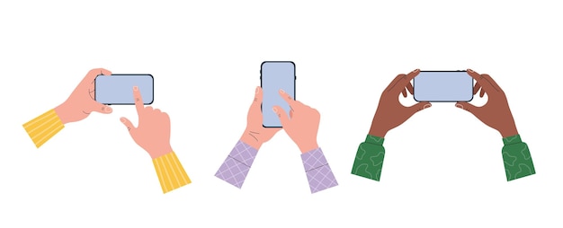 Diferentes manos sosteniendo el teléfono inteligente Vector ilustración de dibujos animados plana