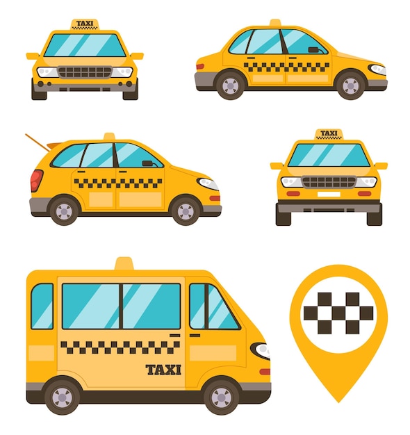 Diferentes modelos de coches de taxi amarillo conjunto aislado