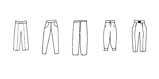 Diferentes modelos de pantalones Contorno en blanco y negro Ilustración vectorial en estilo doodle Tienda de ropa de moda Ropa casual Ropa para hombres y mujeres