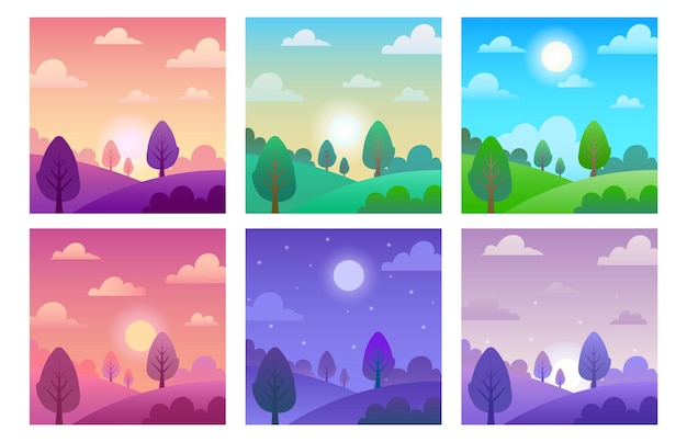 Diferentes momentos del día paisajes sol del mediodía y luna nocturna sobre el campo mañana amanecer y atardecer atardecer vector ilustración de fondo conjunto