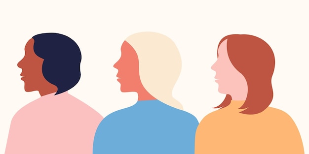 Diferentes mujeres multirraciales se unen por los derechos de las minorías Ilustración vectorial plana