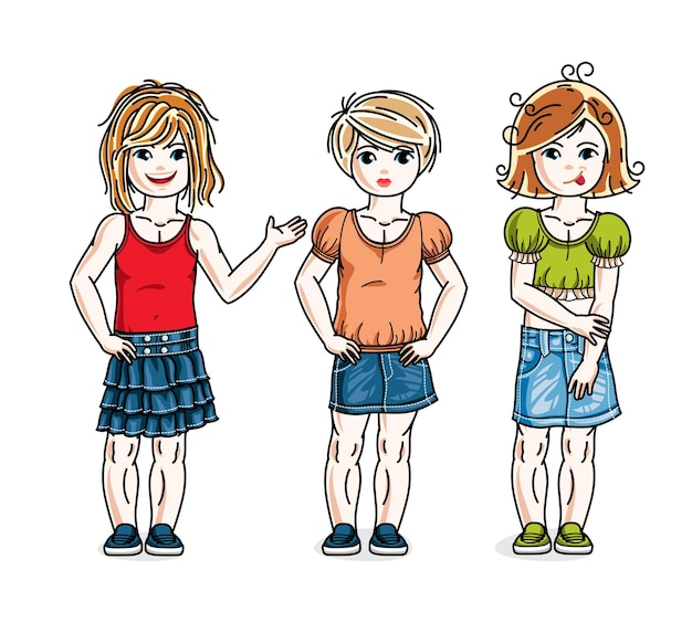 Diferentes niñas lindas de pie en ropa casual elegante. conjunto vectorial de hermosas ilustraciones para niños. clip art de la infancia y el estilo de vida familiar.