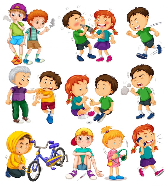 Diferentes niños haciendo cosas malas ilustración