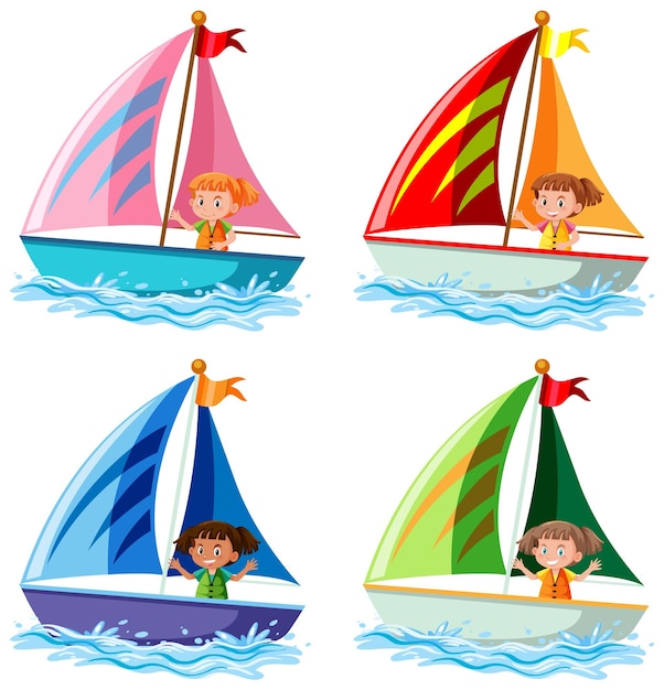 Vector diferentes niños en veleros al estilo de las caricaturas