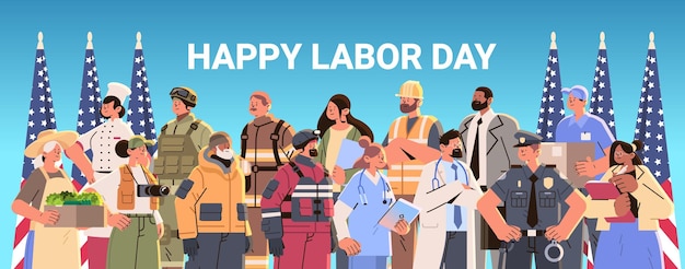 diferentes ocupaciones personas con bandera americana diversos trabajadores de diversas profesiones y especialistas juntos feliz día del trabajo concepto de celebración ilustración vectorial horizontal