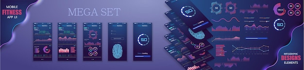 Diferentes pantallas de UI UX GUI, aplicaciones de fitness e íconos web planos para aplicaciones móviles, sitio web responsivo que incluye el vector de acciones Login Crear Cuenta