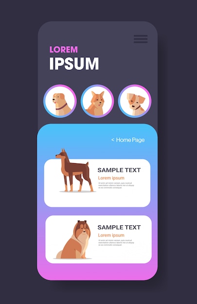 Vector diferentes perros iconos peludos humanos amigos mascotas sitio web o tienda en línea animales de dibujos animados teléfono inteligente pantalla aplicación móvil vertical