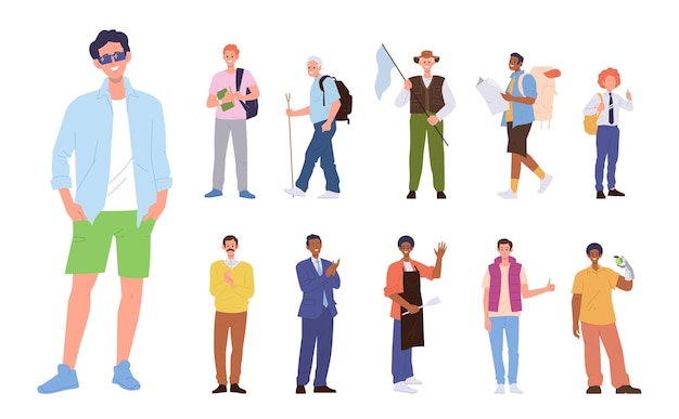 Diferentes personajes de dibujos animados masculinos felices y emocionados aficiones recreación y ocupación laboral gran conjunto