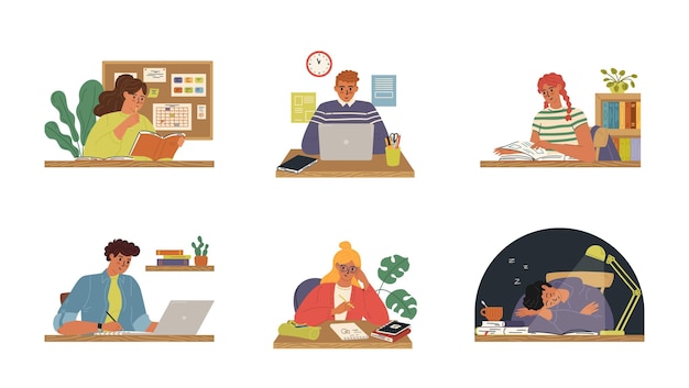 Diferentes personajes estudiantiles estudiando en casa en la biblioteca en línea y fuera de línea conjunto aislado Alumnos masculinos y femeninos leyendo haciendo tareas y trabajos de investigación utilizando una ilustración vectorial de computadora portátil