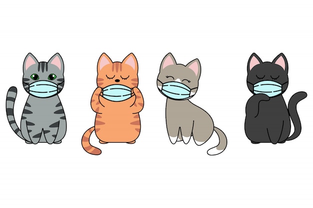 Diferentes personajes de gatos con mascarillas.