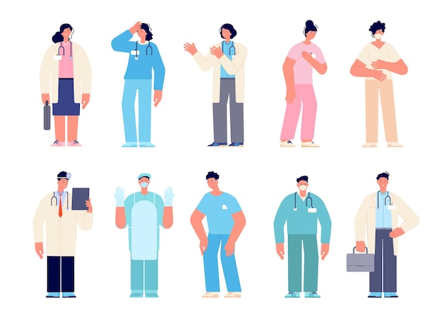 Diferentes personajes médicos Hombre médicos enfermera médico con máscara Dentista de dibujos animados cirujanos masculinos Hospital femenino trabajo pasante completo vector conjunto
