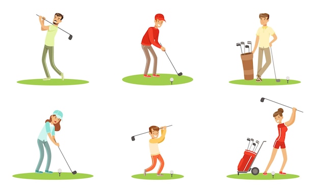 Diferentes personajes de personas jugando al golf al aire libre Ilustración vectorial aislada en fondo blanco