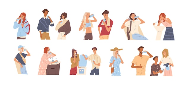 Diferentes personas bebiendo agua de un vaso, botella, fuente, enfriador, grifo, filtro. Hombre y mujer apagando la sed aislado sobre fondo blanco. Ilustración de vector de estilo de dibujos animados plana.