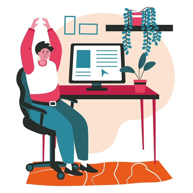 Vector diferentes personas se ejercitan en el concepto de escena de lugar de trabajo. el hombre se calienta, con los brazos levantados, se sienta en una silla en la mesa de trabajo. actividades de personas de trabajo de oficina. ilustración de vector de personajes en diseño plano