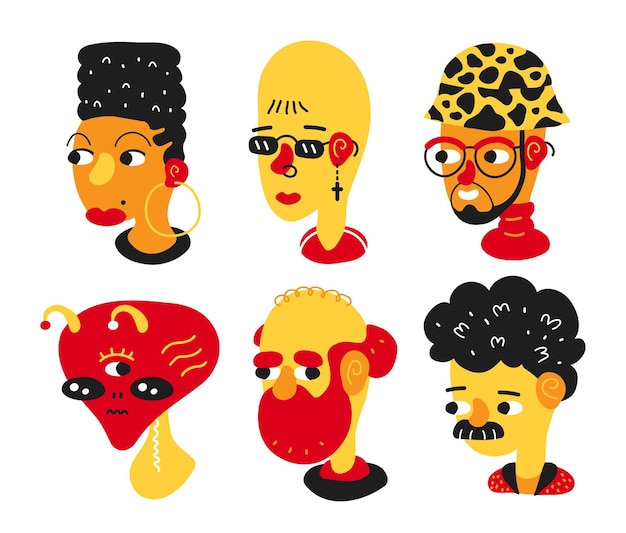 Vector diferentes personas hipster se enfrentan a la colección de conjuntos. vector icono de ilustración de personaje de estilo de dibujos animados de dibujo a mano de moda. paquete de avatares de personas hispter de moda. aislado sobre fondo blanco