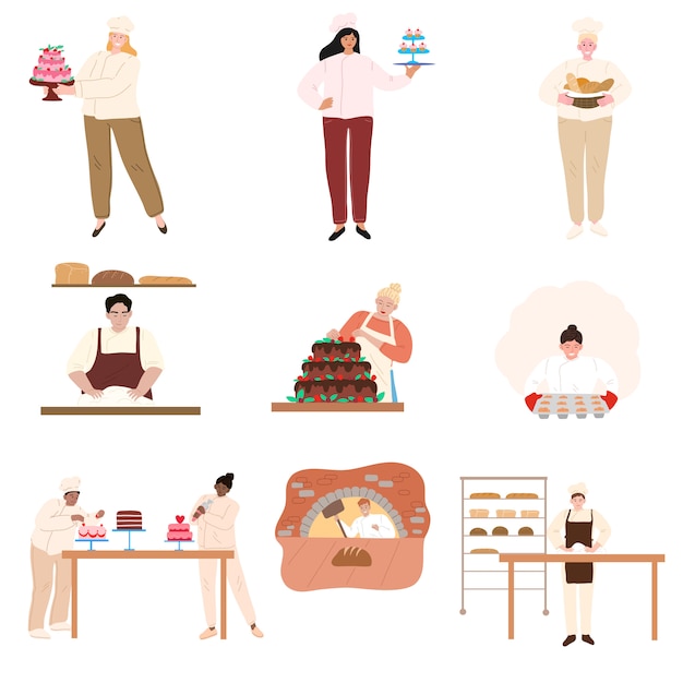 Diferentes personas para hornear y cocinar en la ilustración de vector de cocina