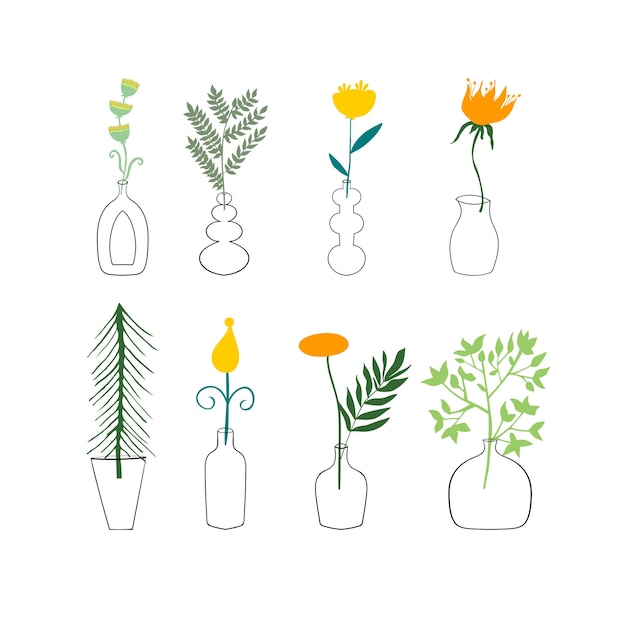 Vector diferentes plantas y flores en jarrones. conjunto de vectores para diseño floral. dibujo de líneas de contorno.